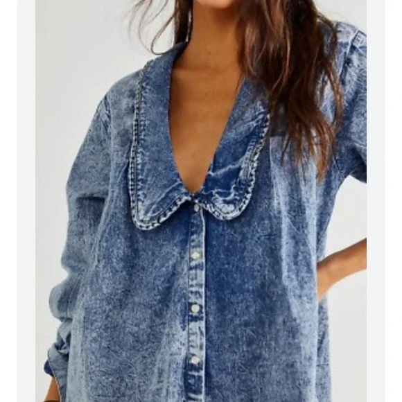 Free People Charlie Button Down Denim Shirt/Dress/Jacket Size Sm 100% Cotton - Picture 1 of 13